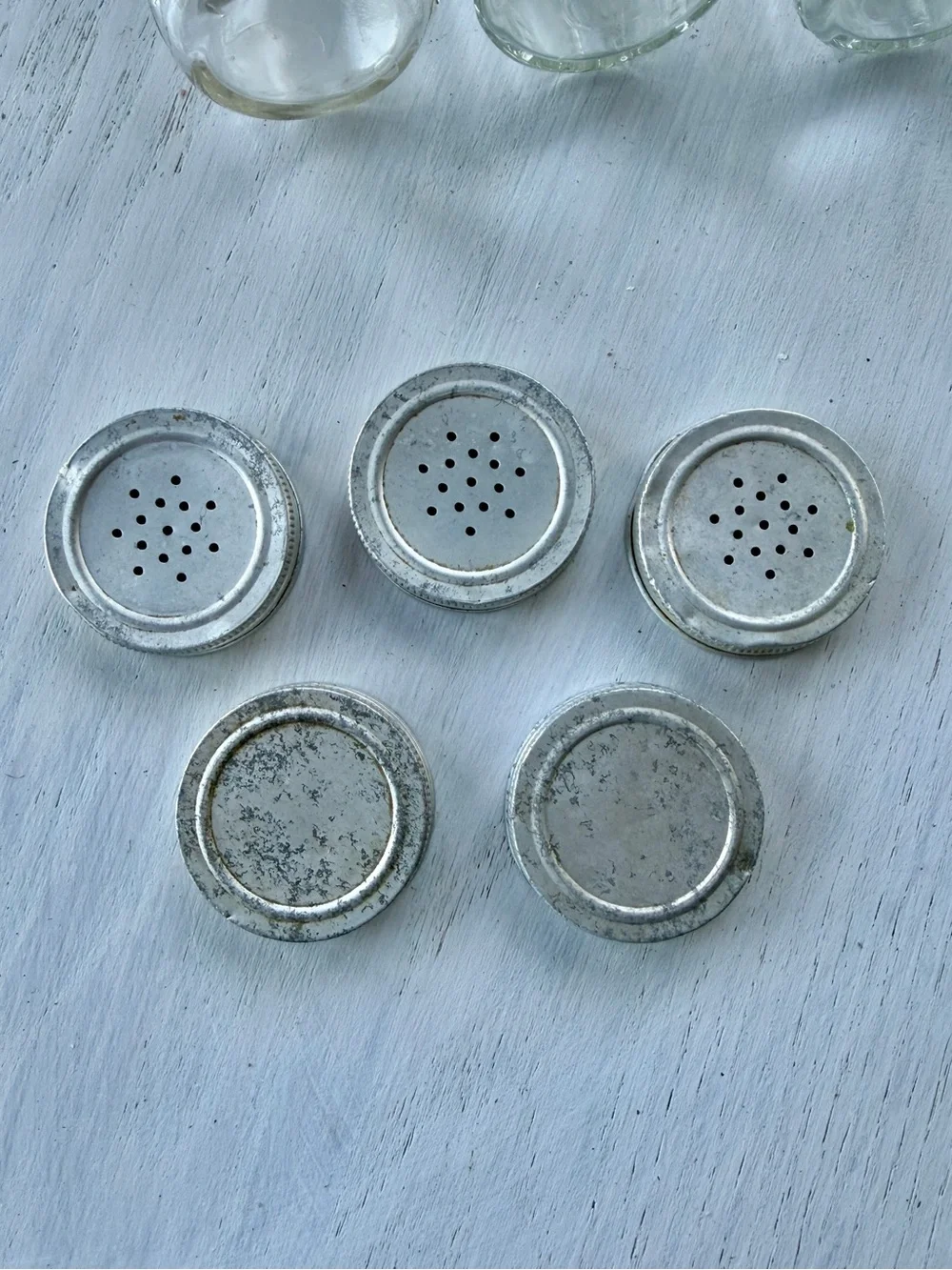 VINTAGE, SET/5, HOOSIER CABINET CLEAR GLASS SPICE JARS